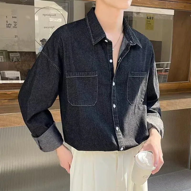 Summer Men's Denim Shirts Solid Color New Korean Tide Long Sleeved Casual Turn-down Collar Male Shirt Spring 2025 9W1215