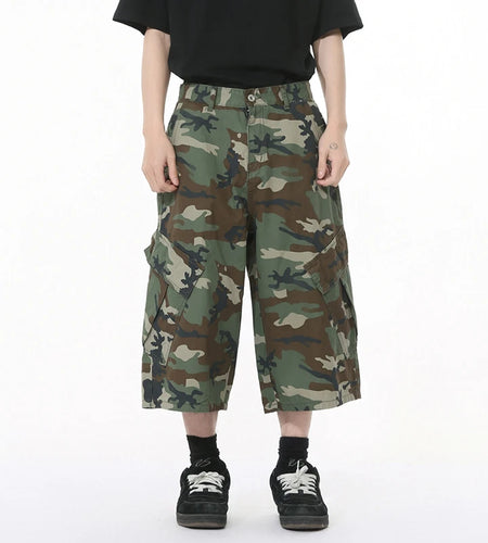 American Style Men's Jeans Camouflage Side Pockets Patchwork Design Casual Straight Wide Leg Baggy Male Denim Shorts 9W1271