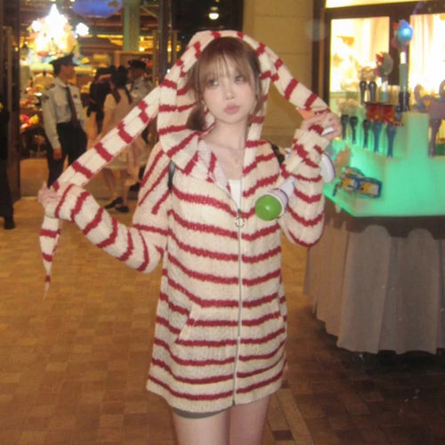Load image into Gallery viewer, Japanese Y2k Hooded Cardigan 2000s Aesthetics Rabbit Ears Zipper Knitwear Vintage Harajuku Red Stripe Sweater Grunge
