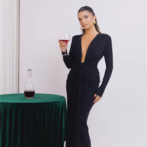 Load image into Gallery viewer, Glitter Deep V Neck Sexy Maxi Dress For Women Elegant Sparkle Long Sleeve Ruched Bodycon Split Club Party Sexy Dress
