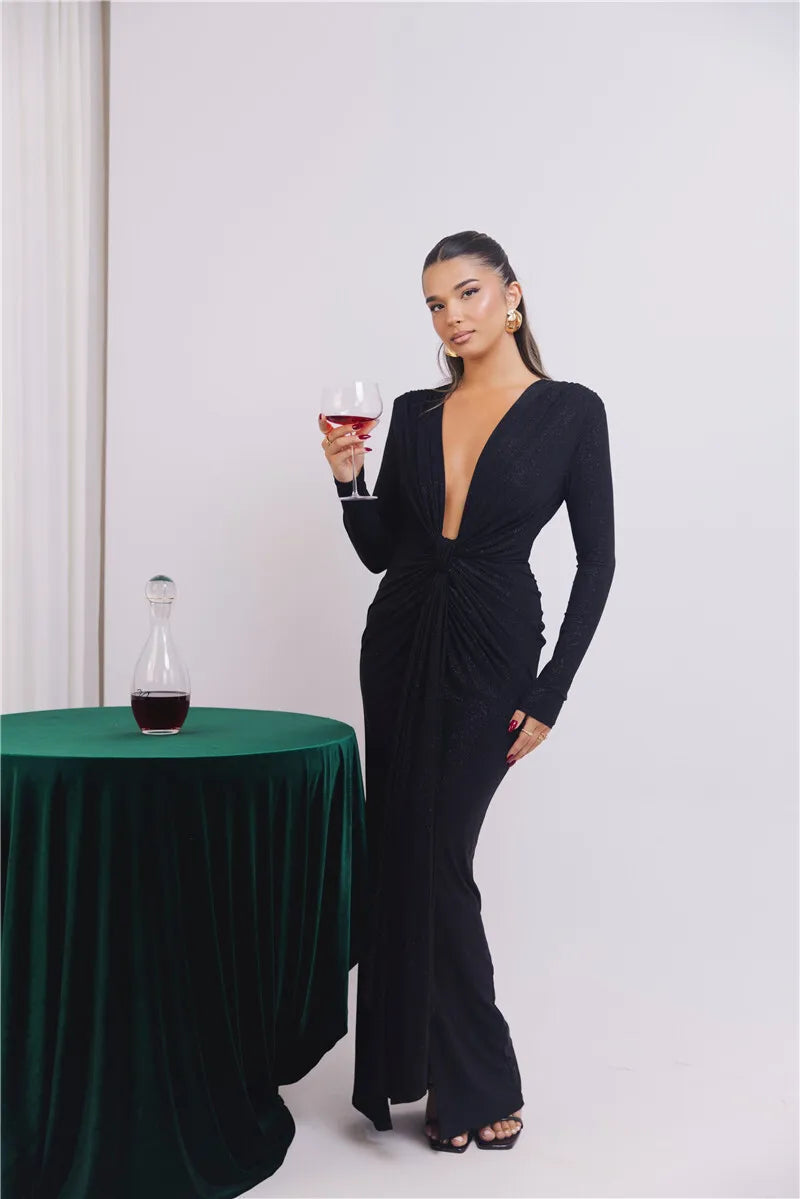 Glitter Deep V Neck Sexy Maxi Dress For Women Elegant Sparkle Long Sleeve Ruched Bodycon Split Club Party Sexy Dress