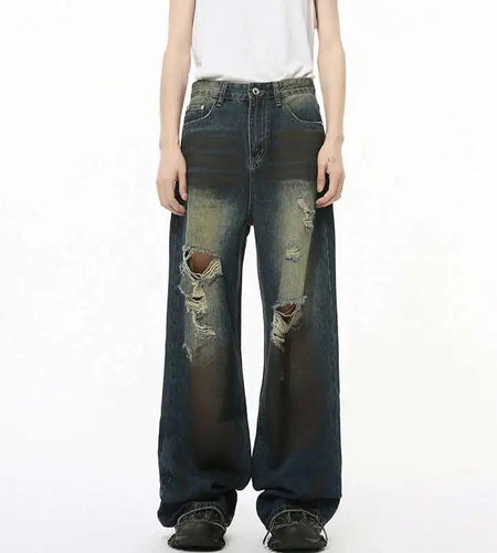 High Street Men's Denim Pants Worn-out Hole Design Contrast Color Straigh Bottom Wide Leg Loose Male Denim Spring 9C8204