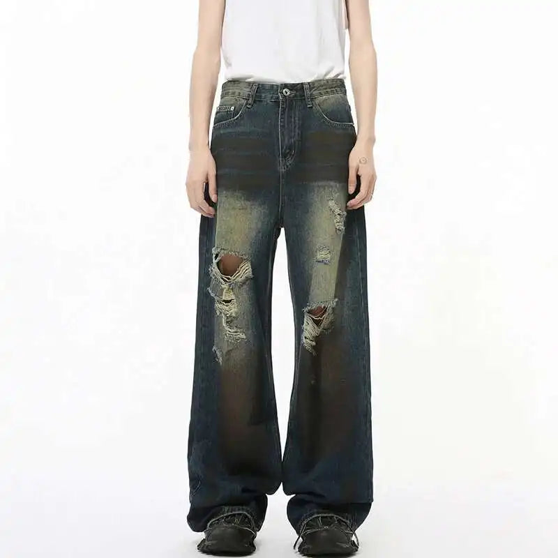 High Street Men's Denim Pants Worn-out Hole Design Contrast Color Straigh Bottom Wide Leg Loose Male Denim Spring 9C8204