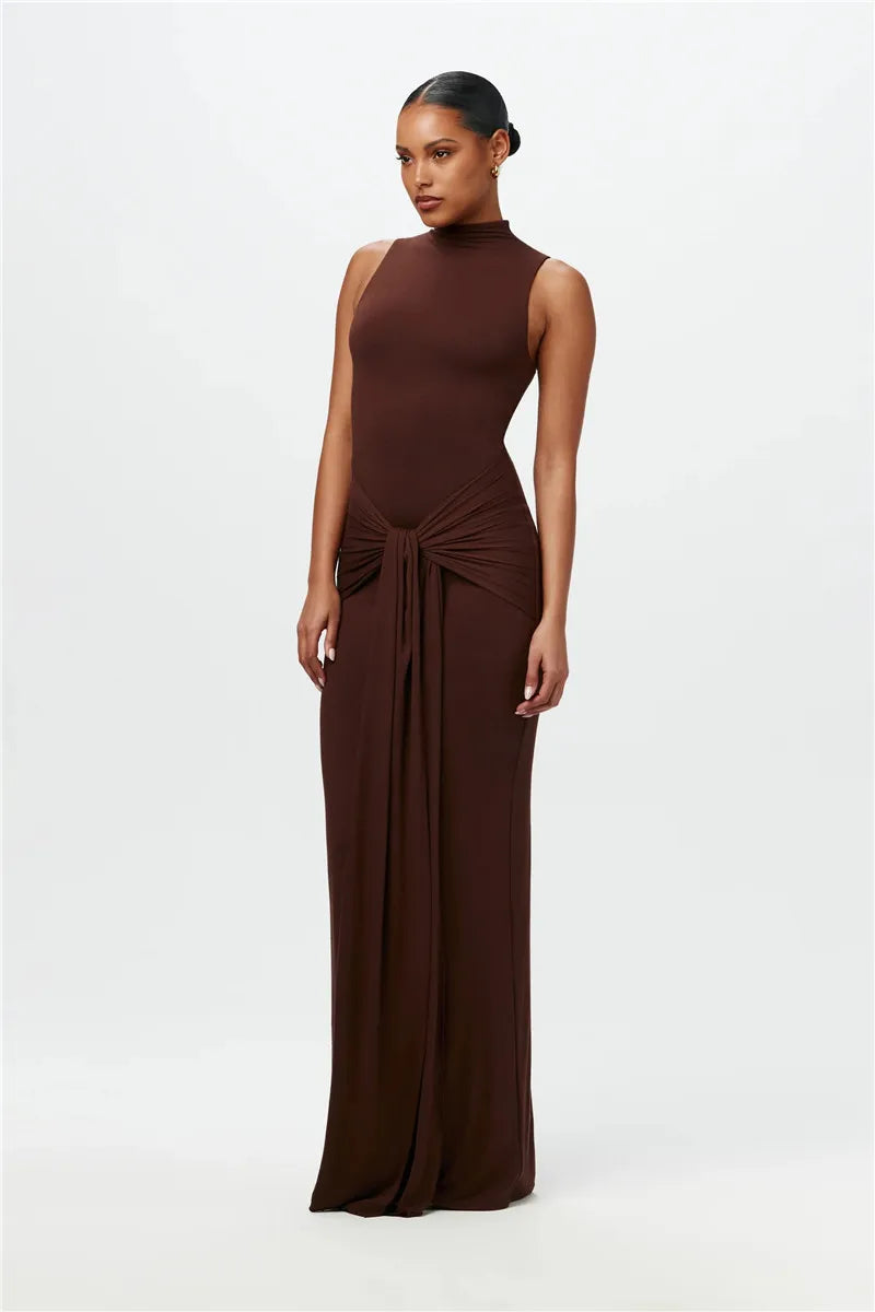 Half High Collar Irregular Tank Dress For Women 2024 New Fashion Sleeveless Bodycon Ruched Sexy Long Dress Elegant