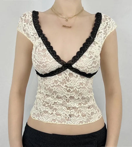 Fairy Coquette Top y2k Women See Through Contrast Trim Deep V Neck Sleeveless T Shirt Vest 2000s Clothing Streetwear