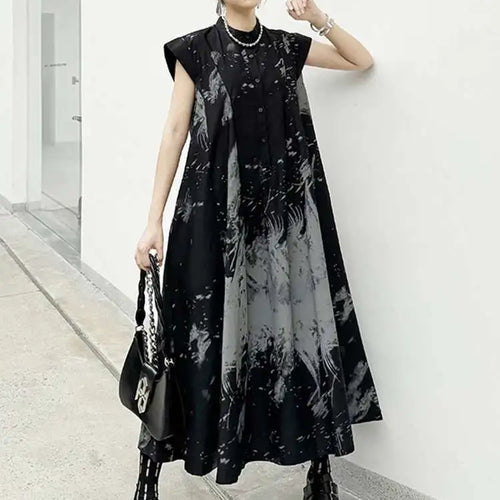 Load image into Gallery viewer, Women Black Pattern Printed Big Size Midi Shirt Dress New Stand Collar Sleeveless Fashion Tide Spring Summer 2025 1DH5837
