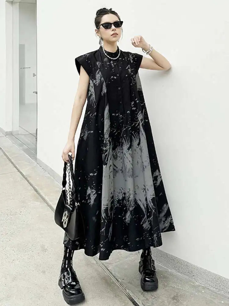 Women Black Pattern Printed Big Size Midi Shirt Dress New Stand Collar Sleeveless Fashion Tide Spring Summer 2025 1DH5837