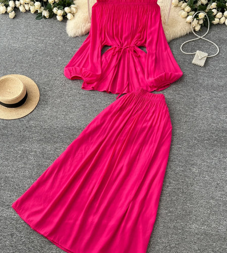 French Retro 2025 Women Solid Off Shoulder Elegant Lace-up Pleated Tops+ High Waist Party Long Skirt Spring Autumn Two Piece Set