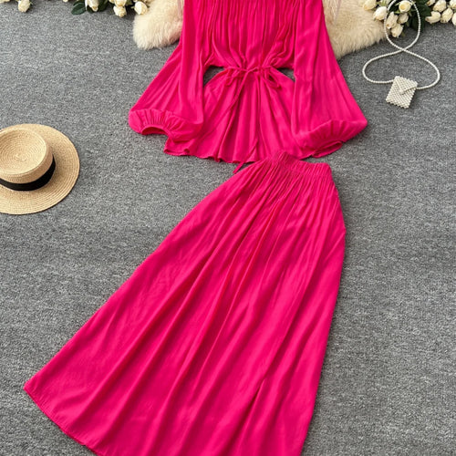 Load image into Gallery viewer, French Retro 2025 Women Solid Off Shoulder Elegant Lace-up Pleated Tops+ High Waist Party Long Skirt Spring Autumn Two Piece Set
