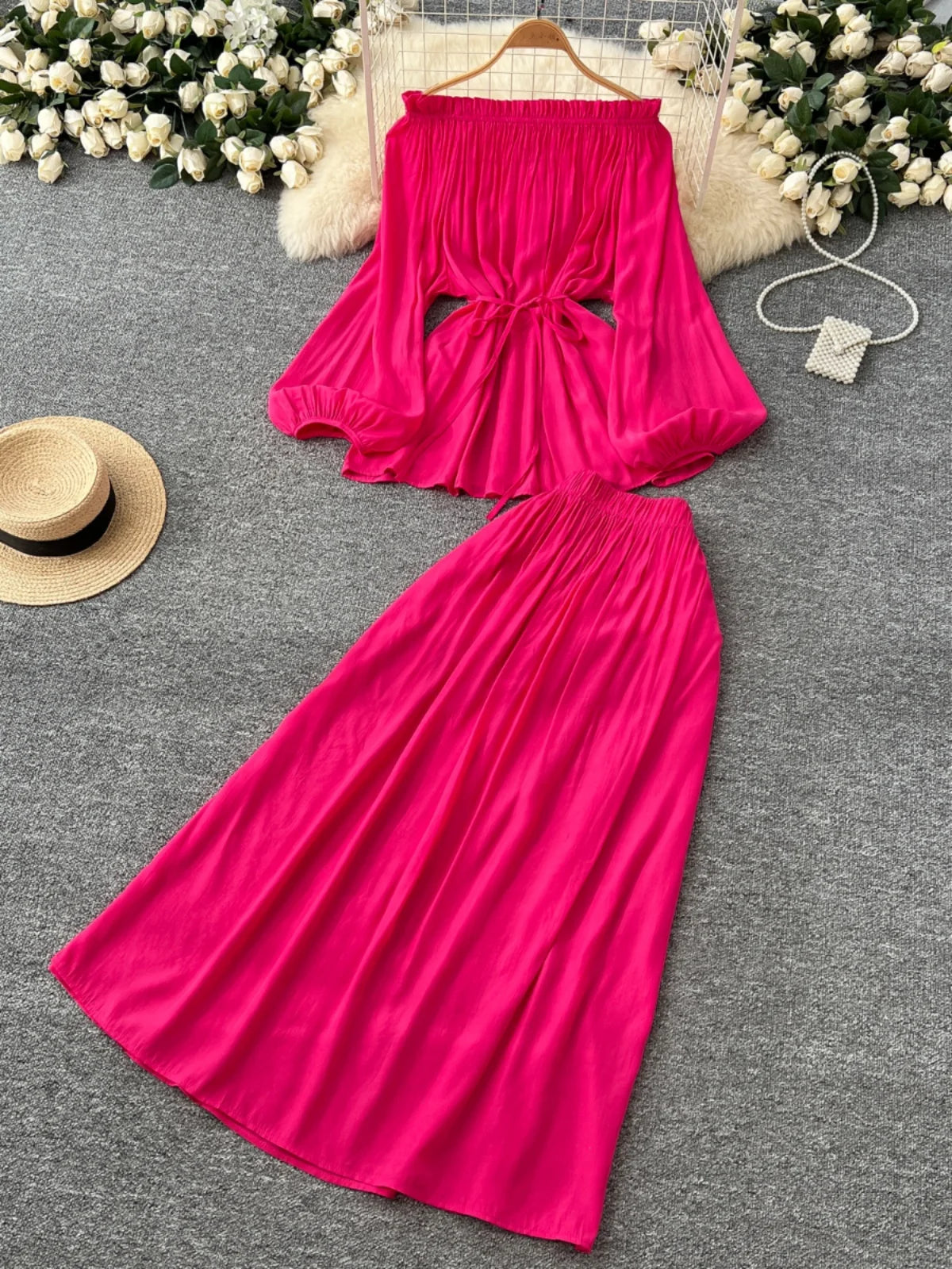 French Retro 2025 Women Solid Off Shoulder Elegant Lace-up Pleated Tops+ High Waist Party Long Skirt Spring Autumn Two Piece Set