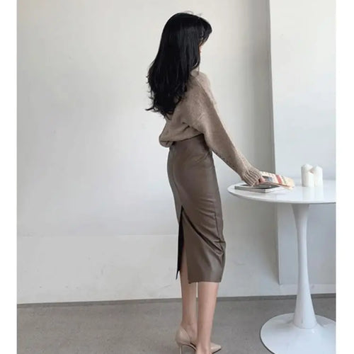 Load image into Gallery viewer, Autumn Winter New Black Leather High Waist Midi Skirt Women Korean Fashion Brown Office Straight Wrap Hip Split Skirt Streetwear
