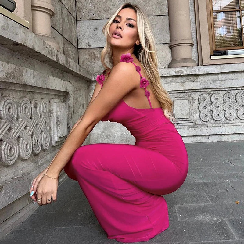 Flower Spaghetti Strap Backless Maxi Dress Women Rose Pink Bodycon Slipdress Ladies Elegant Sexy Club Party Dress
