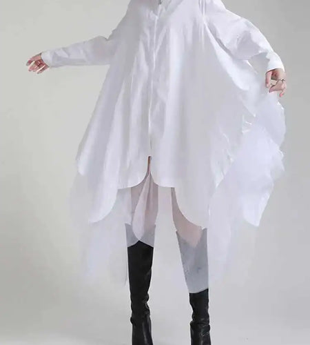 Women Black Irregular Hem Big Size Shirt Dress New Lapel Long Sleeve Loose Fit Fashion Tide Spring Autumn 2025 1DE2485