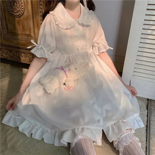 Load image into Gallery viewer, White Kawaii Lolita Dress For Girls Soft Princess Fairy Peter Pan Collar Dress Japanese Style Cute Puff Sleeve Party Dress
