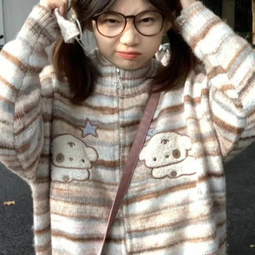 Load image into Gallery viewer, Y2k Aesthetic Japanese Knit Cardigan Kawaii Dog Embroidery Harajuku  Femme Striped Preppy Autumn Zipper y Womens

