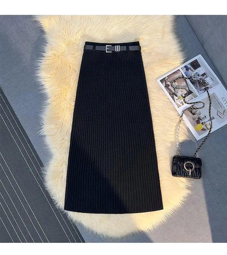 Women's Solid Elegant Office Lady Knitted Long Skirt Retro High Waist Party Wrap Hip Pleated Skirt 2024 Autumn Winter Simplicity