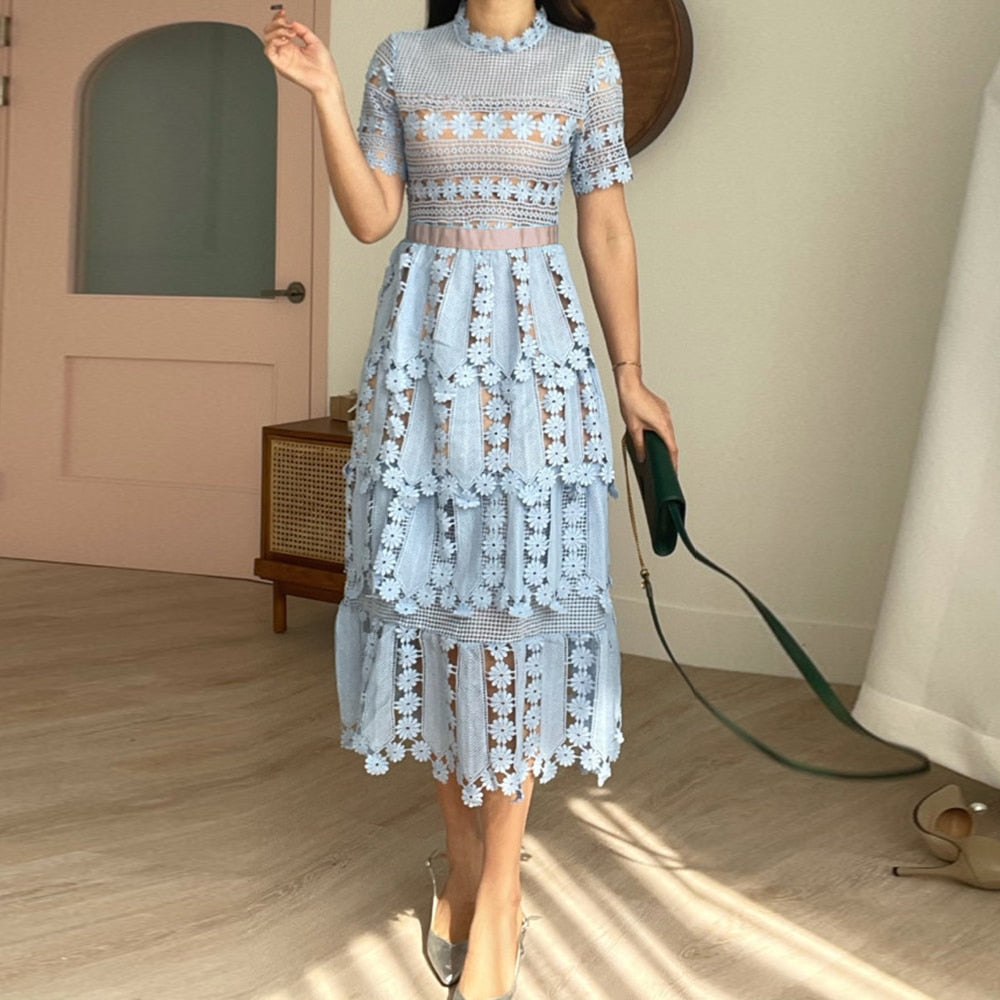 Elegant Blue Dress For Women Stand Collar Short Sleeve High Waist Cut Out Solid Midi Dresses Female Summer Clothing