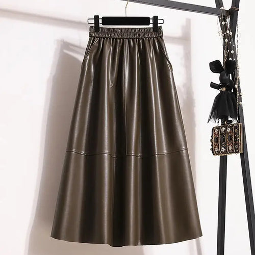 Load image into Gallery viewer, Fashion Black Elegant Pu Leather Pleated Long Skirt Women&#39;s Brown Elegant High Waist Plus Size A-line Party Skirt Femme New
