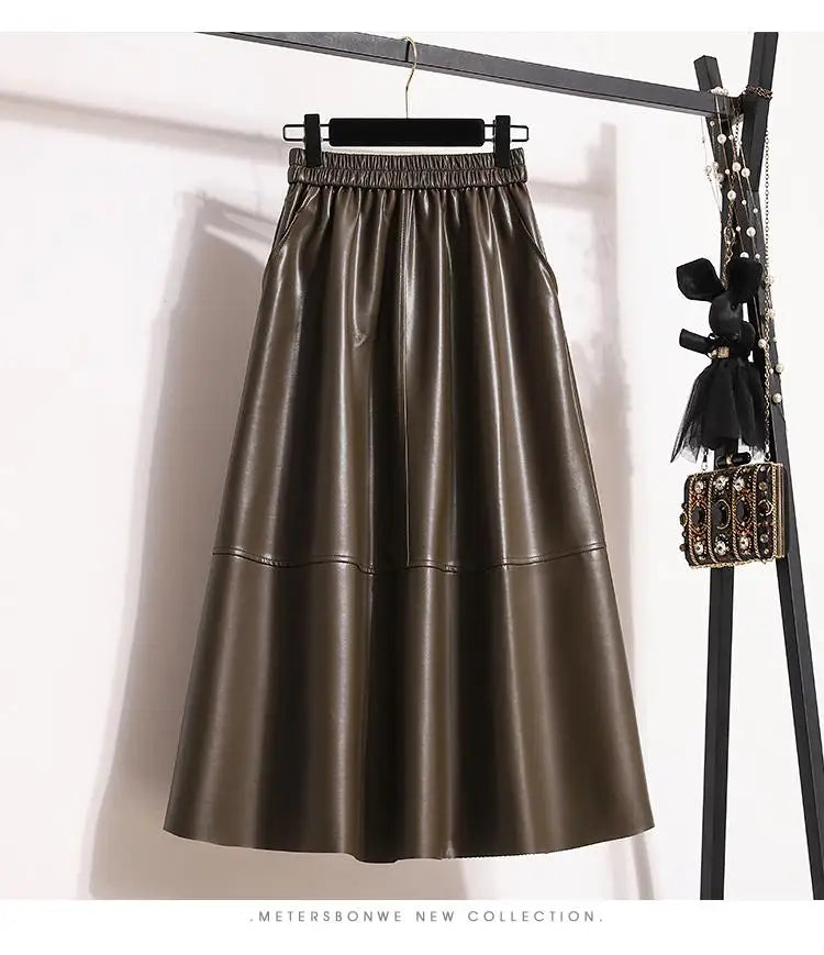 Fashion Black Elegant Pu Leather Pleated Long Skirt Women's Brown Elegant High Waist Plus Size A-line Party Skirt Femme New