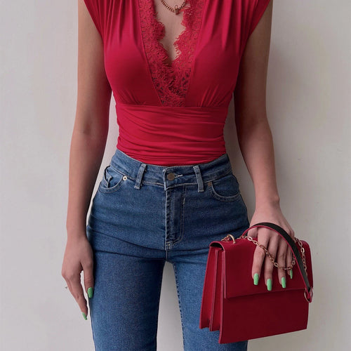 Load image into Gallery viewer, Spring/Summer Sleeveless Lace Edge Deep V Elastic Tight Bodysuit Women Slim Fit Female Bodypsuit Bodycon 2024 New
