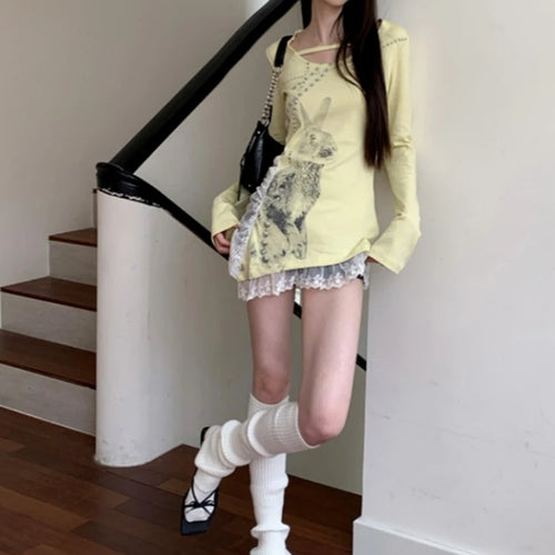 Load image into Gallery viewer, Irregular Lace Patchwork Women Y2k Aesthetic Tops Streetwear Cartoon Printing Slim Fit T-shirt 2025 Harajuku Grunge Fairy Tops
