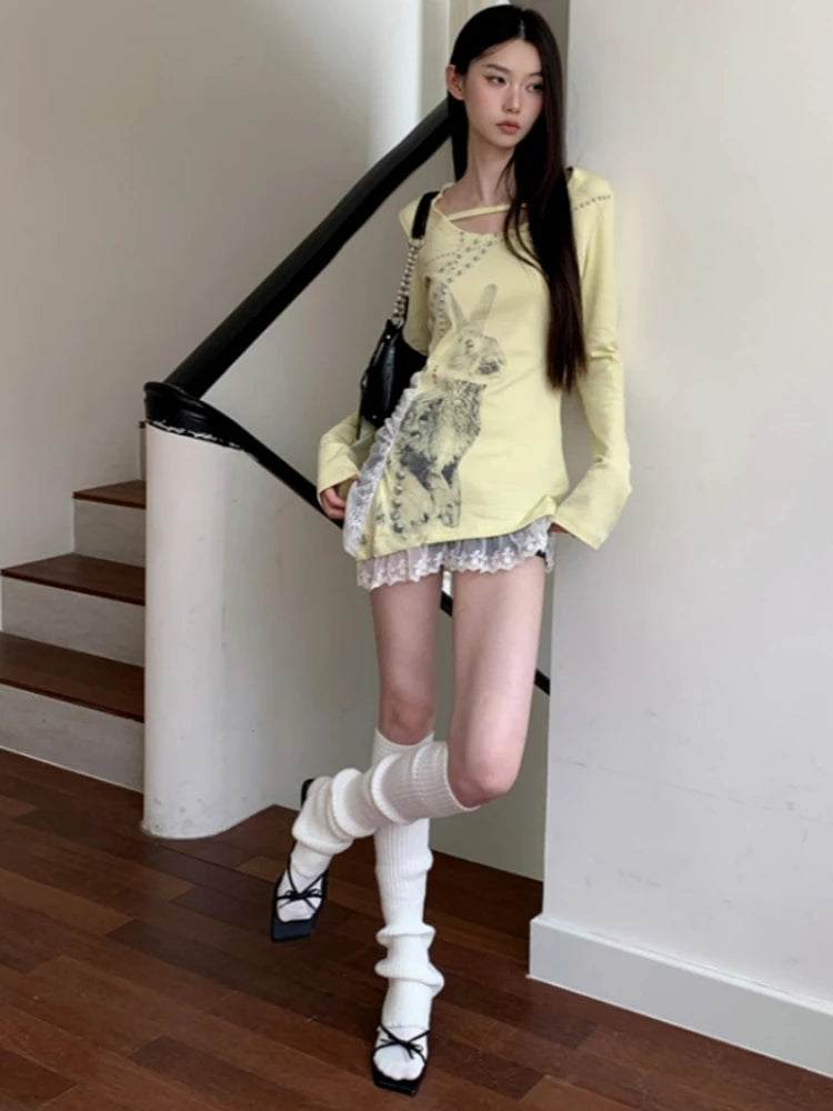 Irregular Lace Patchwork Women Y2k Aesthetic Tops Streetwear Cartoon Printing Slim Fit T-shirt 2025 Harajuku Grunge Fairy Tops