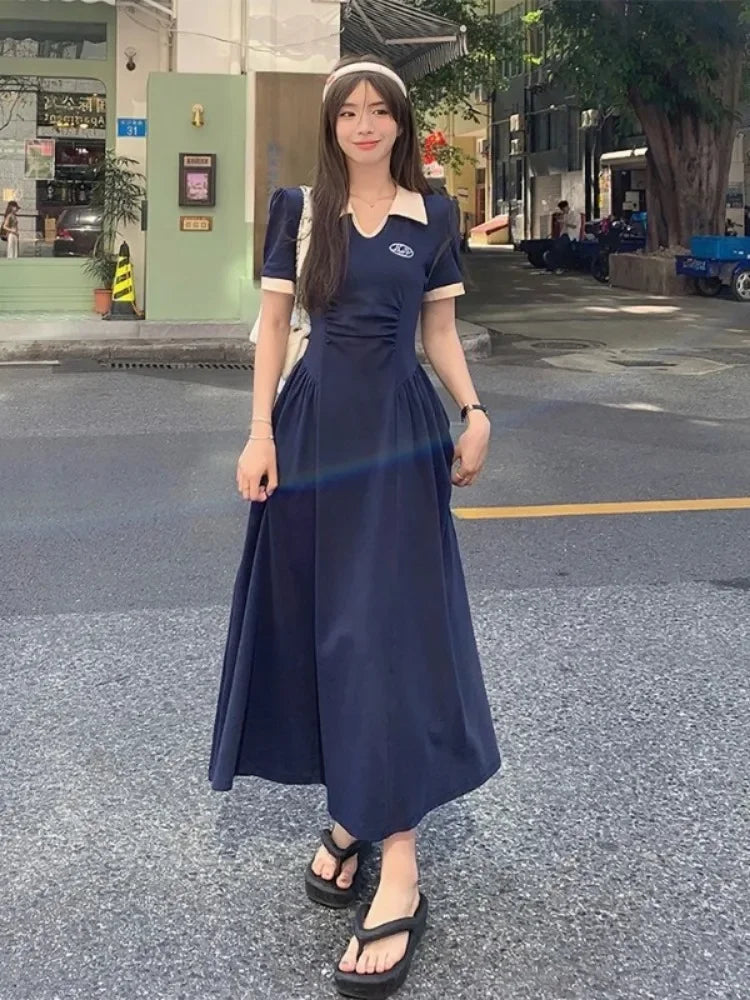 Preppy Style School Student Dress Women Sweet Vintage College Polo Long Dresses Autumn Korean Fashion New in Kpop