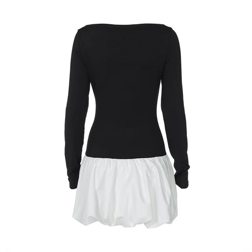 Load image into Gallery viewer, Patchwork Long Sleeve Sexy Mini Dress For Women Color Contrast High Waist A-line Club Party Sexy Puffy Dress Elegant
