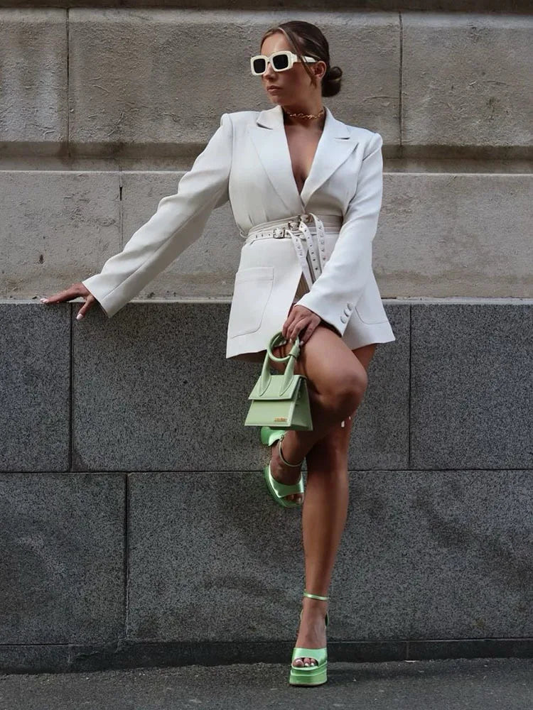 Double Layer Bandage Slim Blazer Women Long Sleeve Pocket Long Jacket Female Suit Outwear Tops Street Party 2023 Autumn