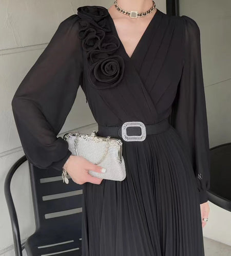 Solid Spliced Belt Chic Dresses For Women V Neck Long Sleeve High Waist Temperament Slimming Elegant Dress Female