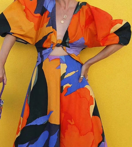 Backless Patchwork Hit Color Dress For Women V Neck Lantern Sleeve High Waist Cut Out Dresses Female 2022 Fashion New Style