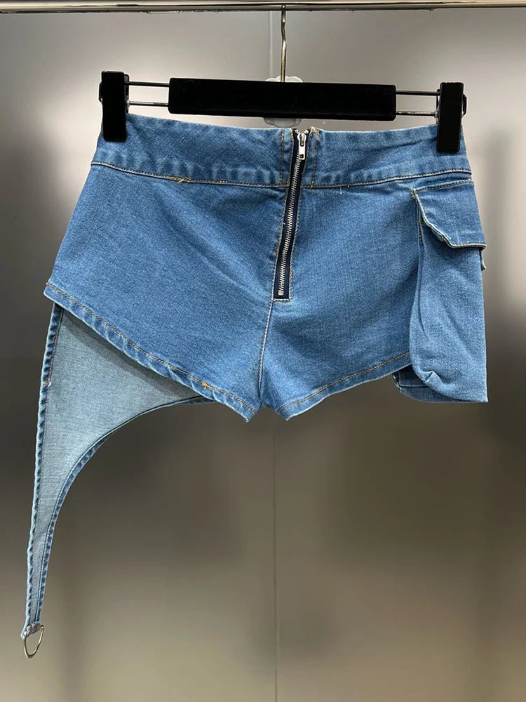 Soild Denim Shorts For Women High Waist Patchwork Pocket Summer Asymmetrical Shorts Skirts Female Fashion