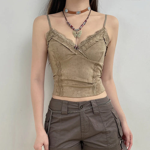 Load image into Gallery viewer, V Neck Strap Lace Trim Frill Suede Vintage Y2K Top Camisole Fashion Ruffles Party Summer Crop Tops Female Stitch Mini
