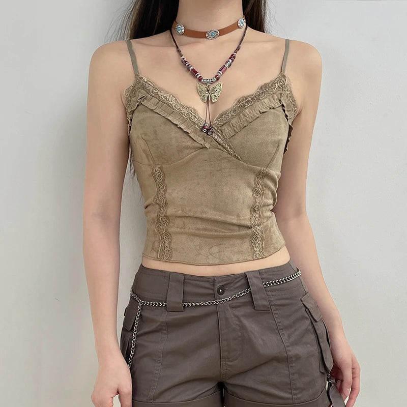 V Neck Strap Lace Trim Frill Suede Vintage Y2K Top Camisole Fashion Ruffles Party Summer Crop Tops Female Stitch Mini