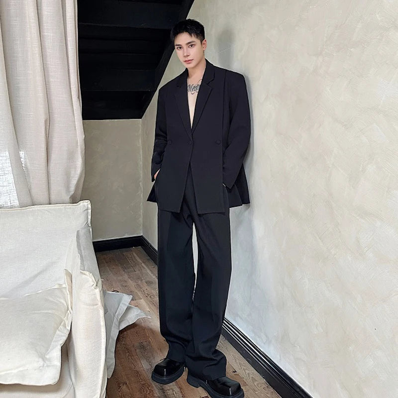 Korean Style Casual Male Two-Piece Set Slit Triple Breasted Solid Color Blazer Straight Leg Men's Pants Personalized 9C7239