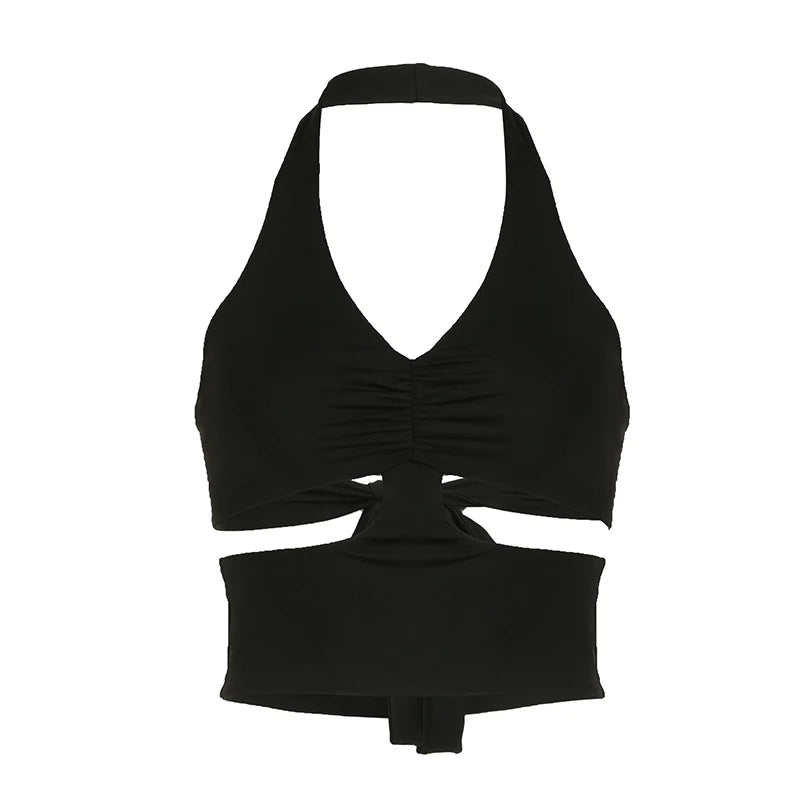 Casual Backless Fitness Black Halter Top Short Folds Cut Out Streetwear Basic Summer Tank Top Sexy Tie-Up Vest Cute