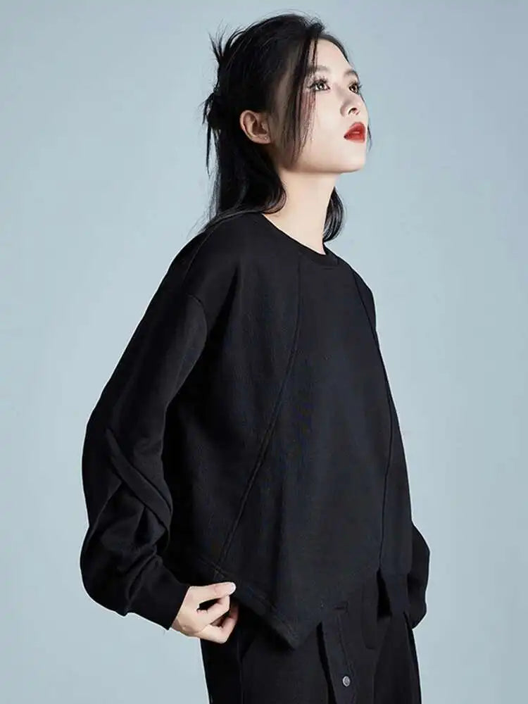 Loose Fit Black Irregular Sweatshirt New Round Neck Long Sleeve Women Big Size Fashion Tide Spring Autumn 2025 1DH1988