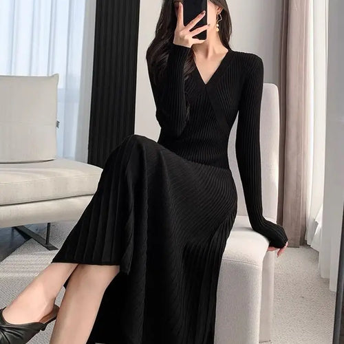 Load image into Gallery viewer, Black Sweet Sweater Midi Dress For Woman 2023 Casual Autumn Winter Knitted Korean V-neck Long Sleeve Elegance Red Dress Fashion

