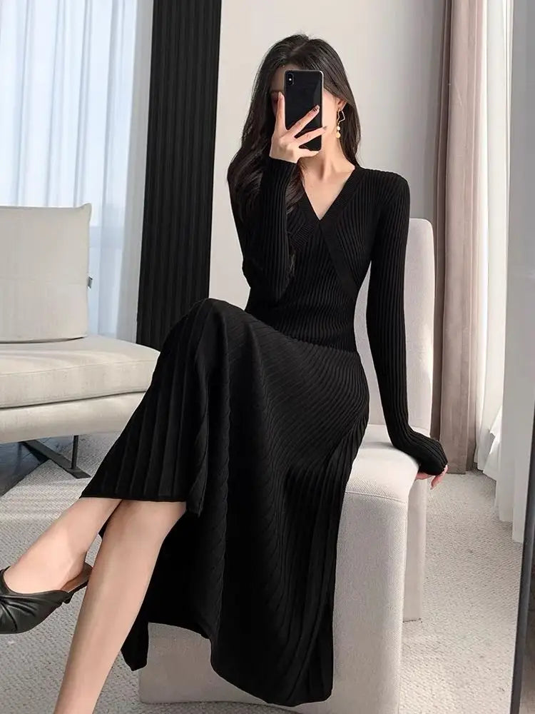 Black Sweet Sweater Midi Dress For Woman 2023 Casual Autumn Winter Knitted Korean V-neck Long Sleeve Elegance Red Dress Fashion