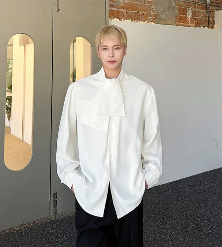 Men's Shirts Korean Style Trendy Ribbon Tie Decoration Long Sleeved Shirt Solid Color Stand Collar Casual Top Tide 9W1281