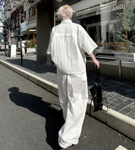 Summer Men's Two-piece Set Wrinkled Short Sleeve Single Breasted Shirt Male Casual Elastic Waist Pants New Male Suit 9W1491