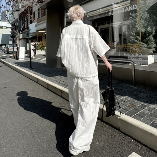 Load image into Gallery viewer, Summer Men's Two-piece Set Wrinkled Short Sleeve Single Breasted Shirt Male Casual Elastic Waist Pants New Male Suit 9W1491
