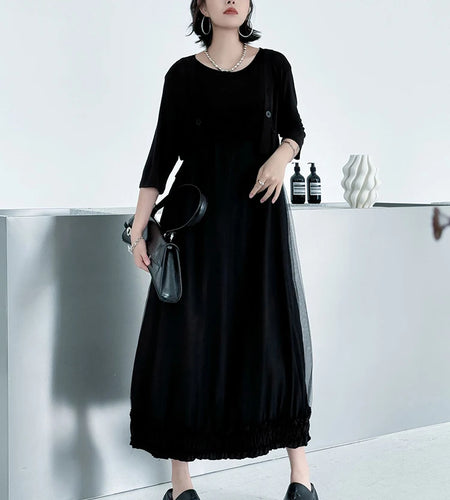 Women Black Ruffles Spliced Big Size Strap Dress New Square Collar Sleeveless Fashion Tide Spring Autumn 2025 1DJ1157