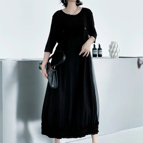 Load image into Gallery viewer, Women Black Ruffles Spliced Big Size Strap Dress New Square Collar Sleeveless Fashion Tide Spring Autumn 2025 1DJ1157
