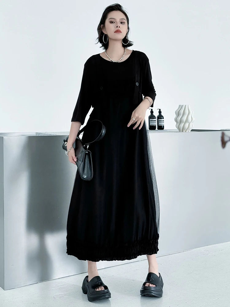 Women Black Ruffles Spliced Big Size Strap Dress New Square Collar Sleeveless Fashion Tide Spring Autumn 2025 1DJ1157