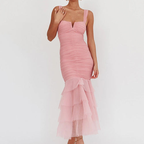 Load image into Gallery viewer, Mesh Backless Sexy Maxi Dress For Women Gown Two Layer Spaghetti Strap Sleeveless Ruched Bodycon Club Party Dress
