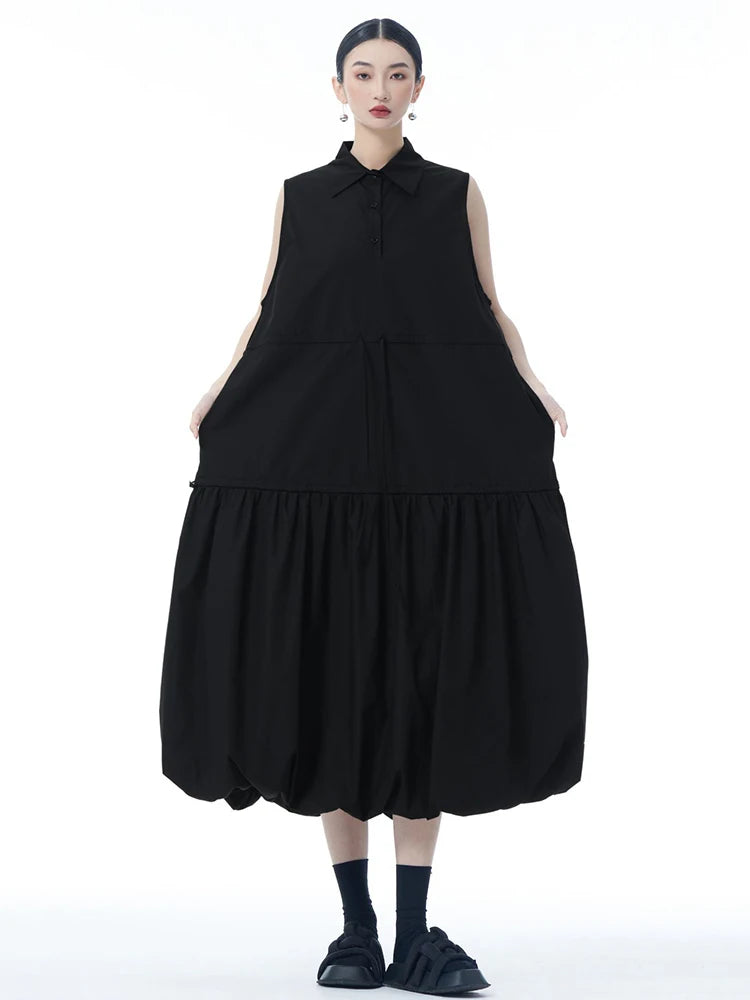 Women Black Brief Pleated Big Size Midi Bud Shirt Dress New Lapel Sleeveless Fashion Tide Spring Autumn 2025 1DJ0955