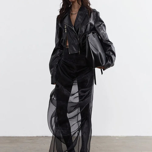 Load image into Gallery viewer, Black Pu Leather Zipper Slit Irregular Jacket New Lapel Long Sleeve Women Coat Fashion Tide Spring Autumn 2025 1DH4723
