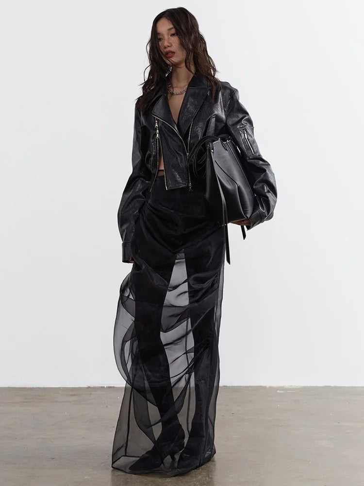 Black Pu Leather Zipper Slit Irregular Jacket New Lapel Long Sleeve Women Coat Fashion Tide Spring Autumn 2025 1DH4723