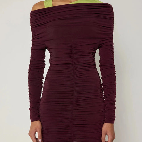 Load image into Gallery viewer, Inclined Shoulder Long Sleeve Sexy Mini Dress For Women Autumn New Fashion Backless Ruched Bodycon Party Sexy Dress
